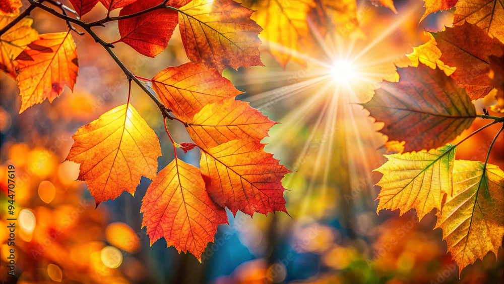 Close up of colorful autumn leaves with sun rays filtering through, creating a warm and serene atmosphere, autumn, leaves Close up of colorful autumn leaves with sun rays filtering through, creating a warm and serene atmosphere, autumn, leaves
