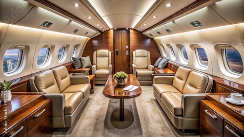 Luxurious private jet interior with comfortable leather seating and elegant decor , private jet, interior, luxurious photo