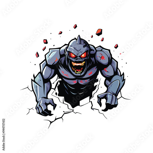 A realistic vector illustration of a monstrous, hulking monster breaking through a wall with glowing red eyes.