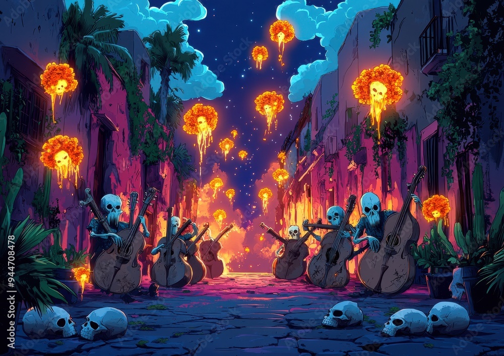Illuminated Skeleton Orchestra Performs Under Fiery Sky During Festival in Enchanted Canyon with Lanterns Floating Above Illuminated Skeleton Orchestra Performs Under Fiery Sky During Festival in Enchanted Canyon with Lanterns Floating Above