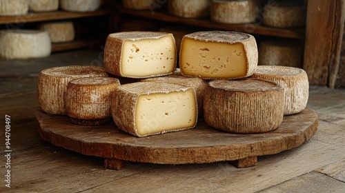 Assorted Round Artisan Cheeses on Rustic Wooden Board in Cheese Cellar Displaying Varieties of Aged Dairy Products