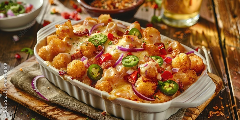 Gourmet tater tot mac and cheese penne with red onion tomato jalapenos and bacon bits Gourmet tater tot mac and cheese penne with red onion tomato jalapenos and bacon bits