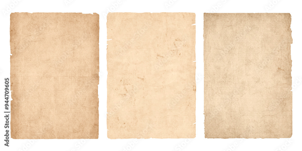 Fototapeta premium Vintage old paper sheets or parchment with ripped torn edges. Antique ragged worn paper textures