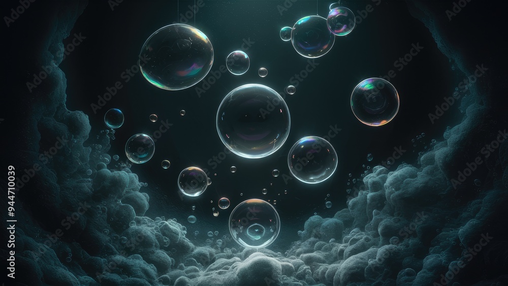 Floating bubbles against a dark backdrop. Floating bubbles against a dark backdrop.