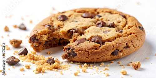 Close-up shot of chocolate chip cookie with crumbs all around, baked goods, dessert, sweet, snack, delicious, homemade