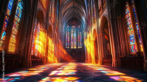 Colorful Light Streaming Through Stained Glass Windows in a Cathedral