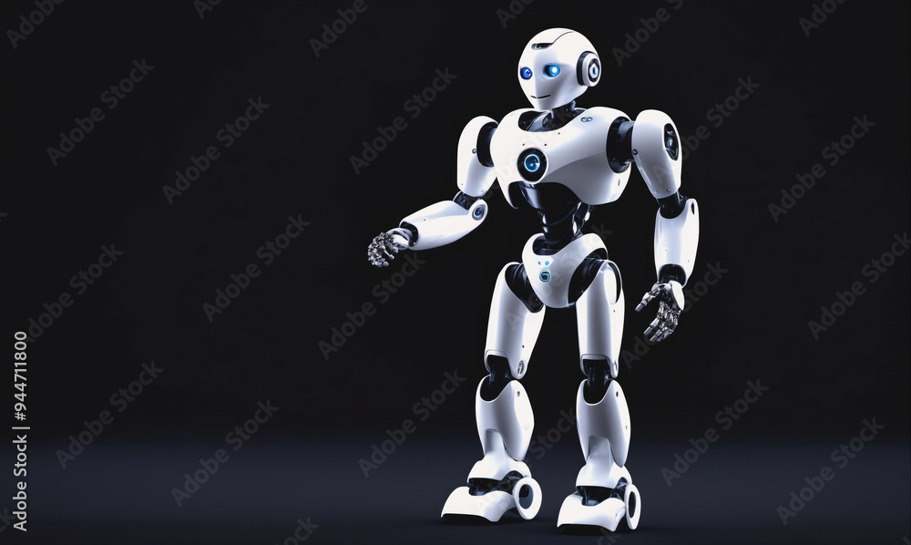 A humanoid robot stands on a black surface with its left arm extended out A humanoid robot stands on a black surface with its left arm extended out