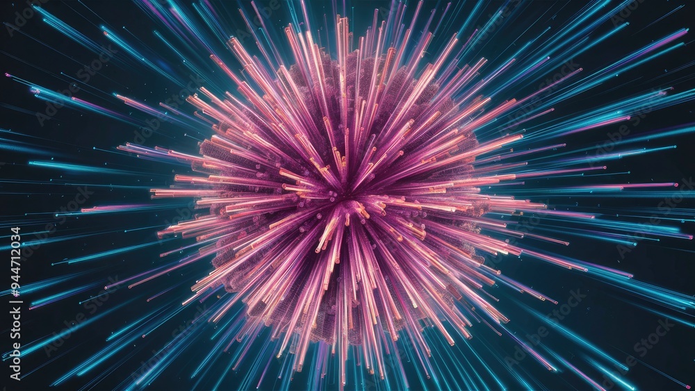 Obraz premium Futuristic abstract dynamic particle explosion featuring vertical lines, immersive 3D illustration.