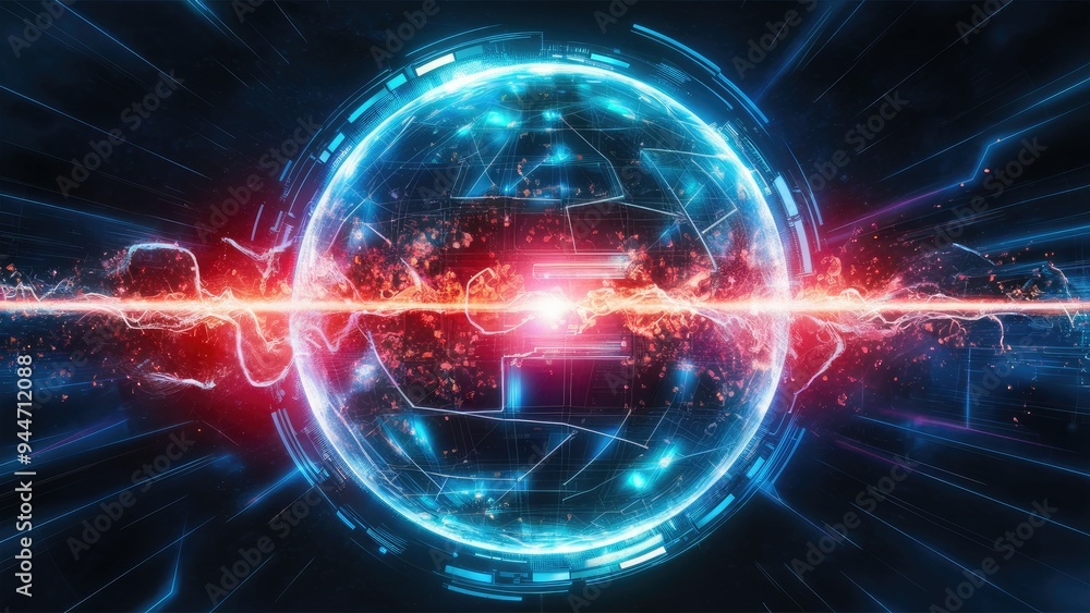 Futuristic blue energy sphere featuring high-tech light effects, digital elements, and vibrant energy particles. Abstract cosmic background. Futuristic blue energy sphere featuring high-tech light effects, digital elements, and vibrant energy particles. Abstract cosmic background.