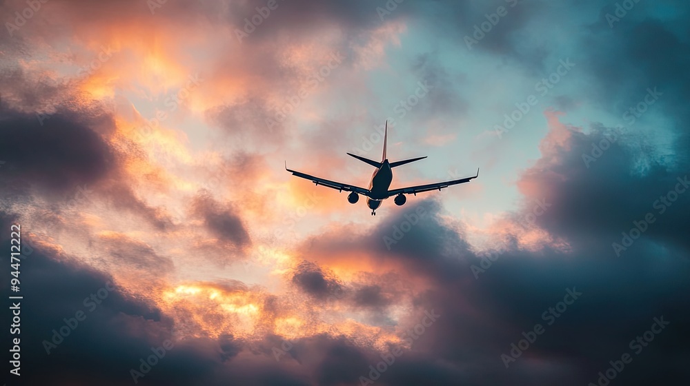 Airplane silhouette against a vibrant sunset sky Airplane silhouette against a vibrant sunset sky