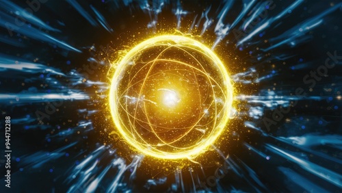 Futuristic glowing yellow energy sphere with digital light rays and particles, set against an abstract cosmic background.