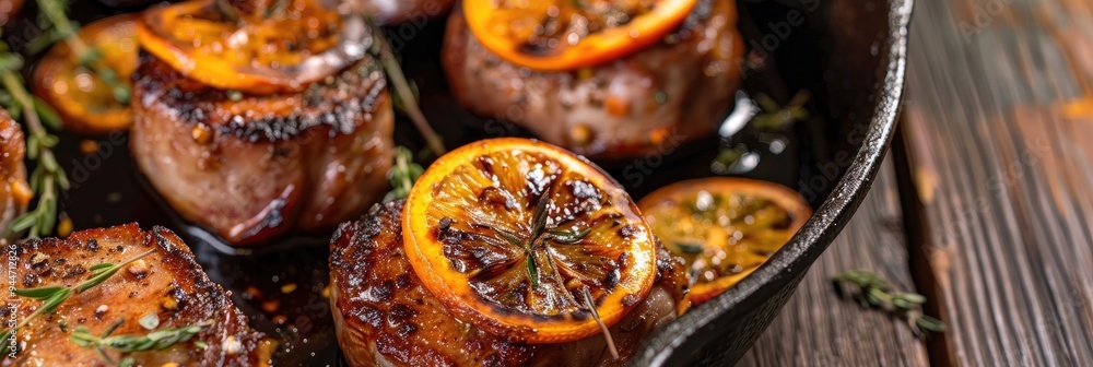Close-up of classic fried pork medallions paired with caramelized orange slices and fresh herbs in a rustic skillet. Close-up of classic fried pork medallions paired with caramelized orange slices and fresh herbs in a rustic skillet.