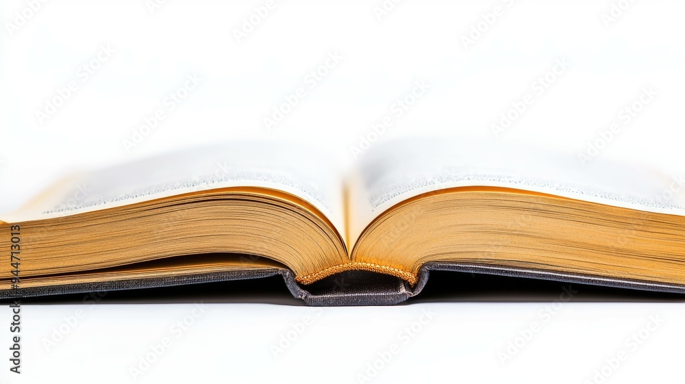 A book is open to a page with a yellow spine A book is open to a page with a yellow spine