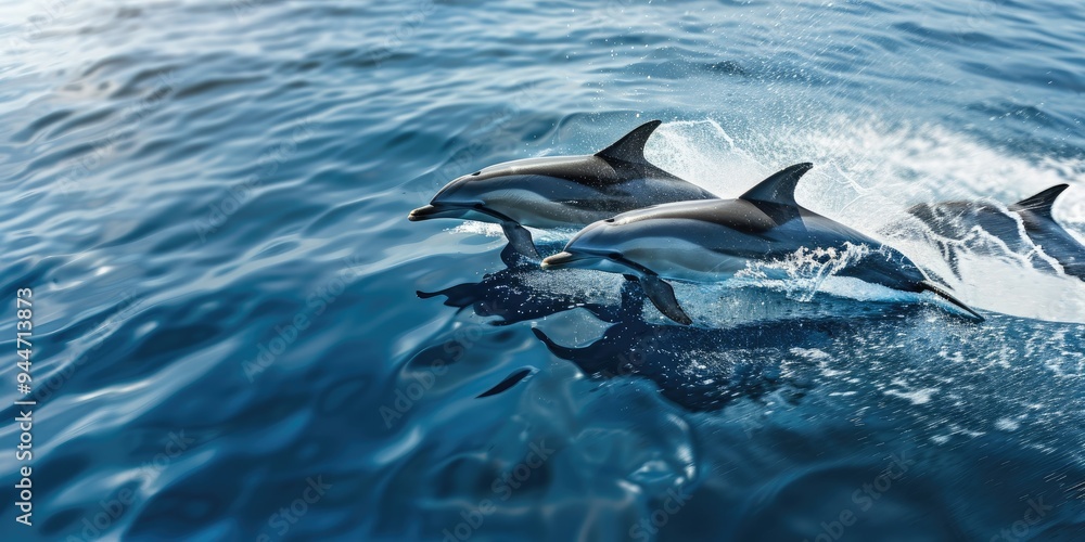 Fototapeta premium Striped dolphins frolicking in the vibrant blue ocean