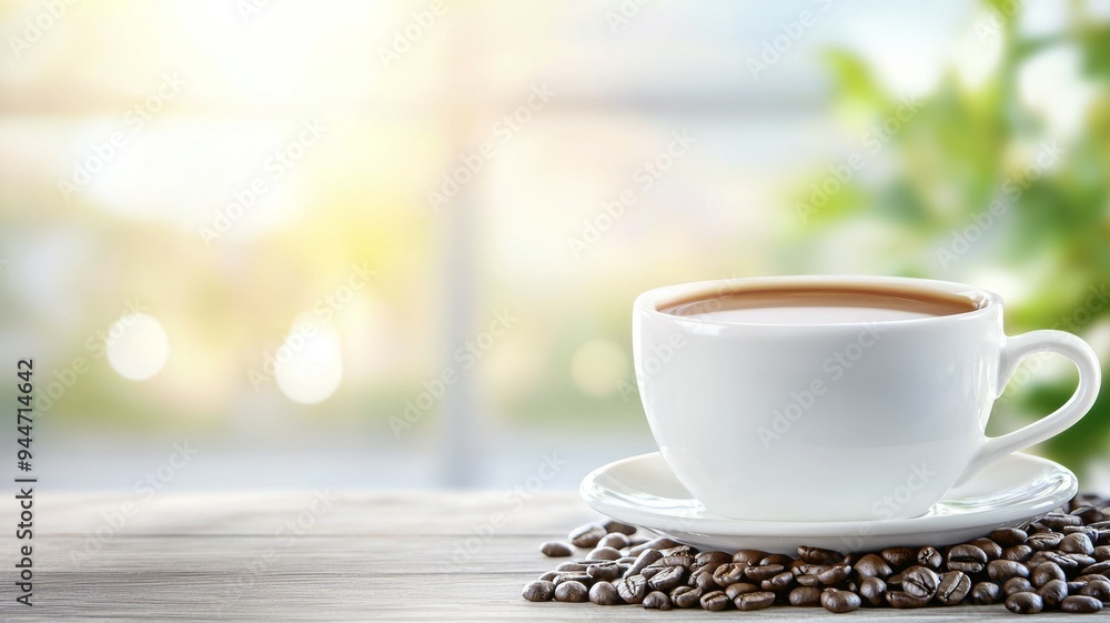 A white coffee cup with a white saucer sits on a wooden table A white coffee cup with a white saucer sits on a wooden table