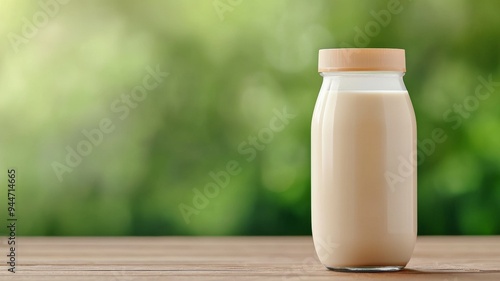 A glass jar of milk sits on a wooden table