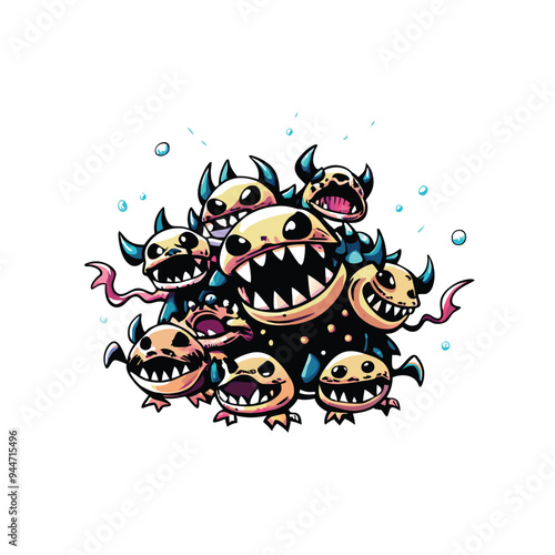 A swarm of mischievous, grinning, yellow, tiny monsters with sharp teeth and blue horns.
