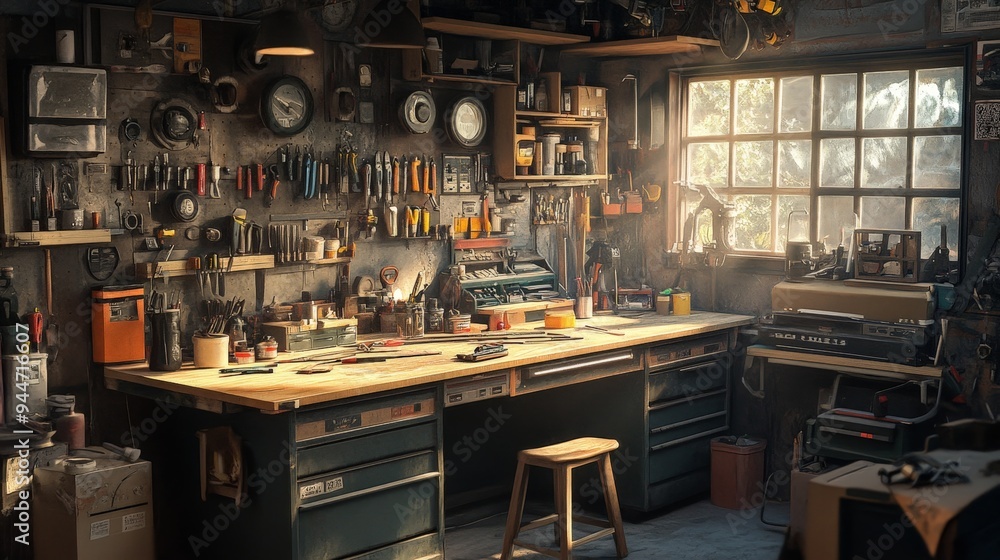 workbench in a garage, covered with tools and materials. workbench in a garage, covered with tools and materials.