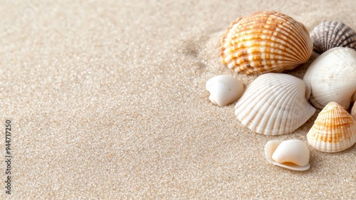 A beach scene with a pile of shells on the sand