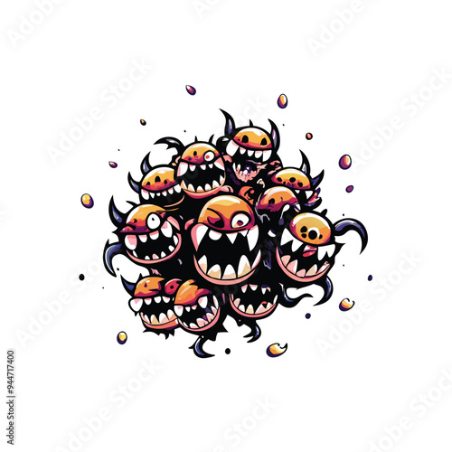 A swarm of tiny, mischievous, cartoon-style creatures with big teeth and eyes, arranged in a circular formation, against a white background.