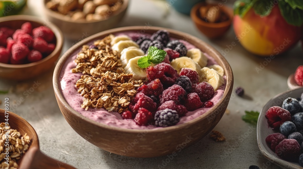 refreshing smoothie bowl topped with an array of fresh fruits, granola, and nuts. refreshing smoothie bowl topped with an array of fresh fruits, granola, and nuts.