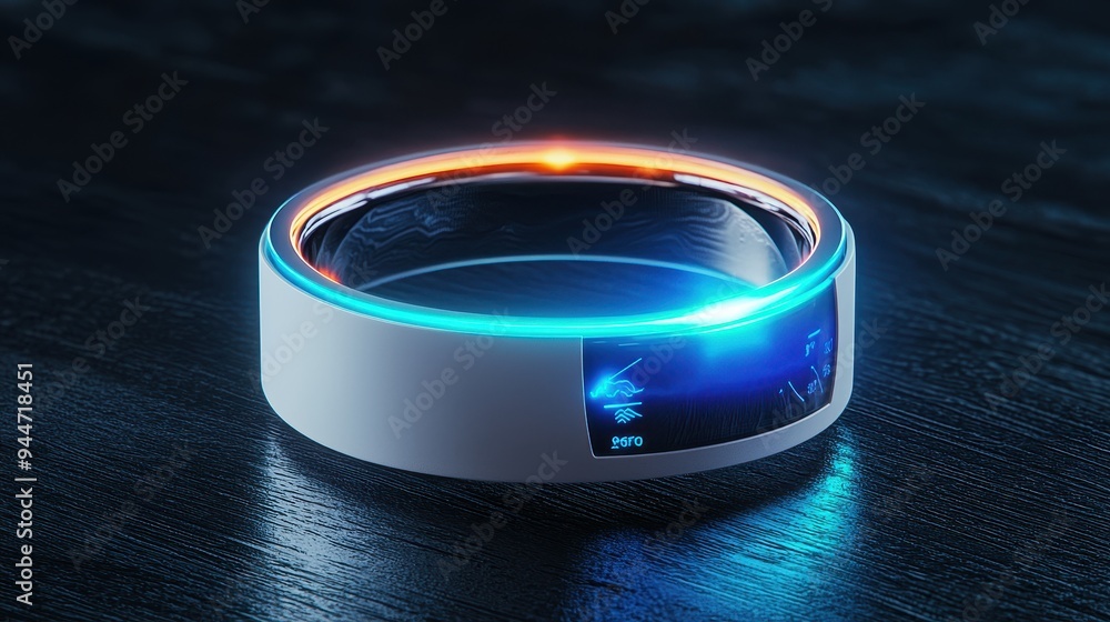 Futuristic Smart Ring with Blue and Orange Lights on Black Background Futuristic Smart Ring with Blue and Orange Lights on Black Background