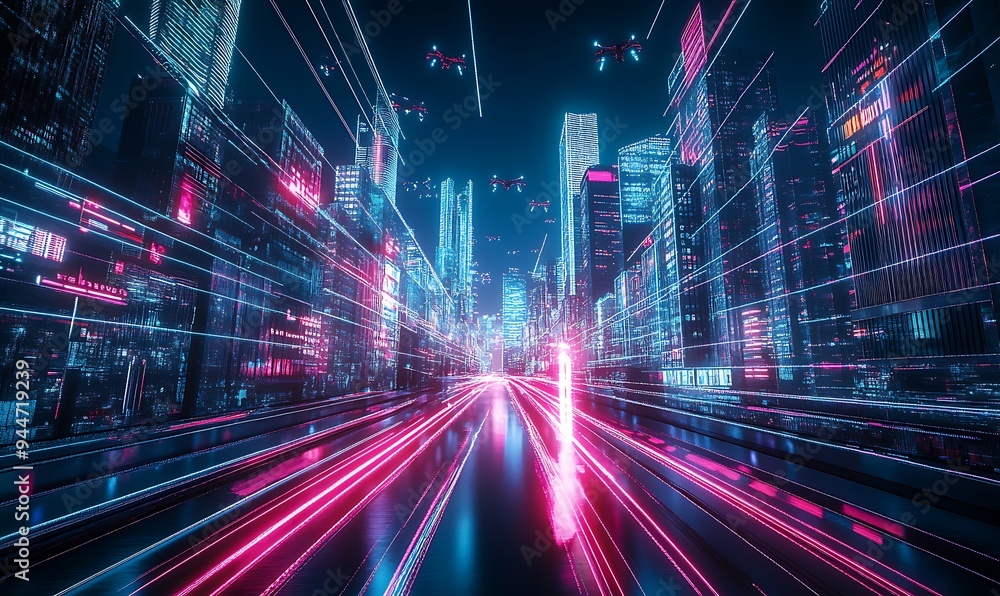 Futuristic Cityscape with Laser Beams Illuminating Buildings Under a Vibrant Night Sky Futuristic Cityscape with Laser Beams Illuminating Buildings Under a Vibrant Night Sky