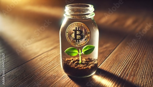 One Bitcoin with a small green plant in a glass jar, bitcoin investment illustration photo