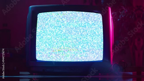 green screen (chroma key) old retro CRT TV monitor with RGB glitch animation, abstract zoom-out motion overlay
