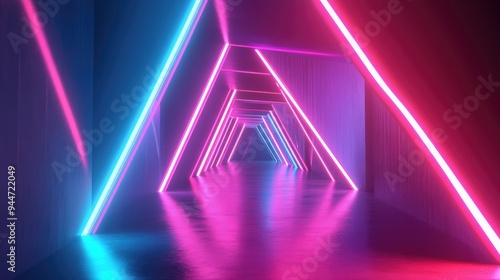 3D rendering of an abstract minimalist background featuring vibrant glowing neon lines and geometric shapes creating a modern technological wallpaper