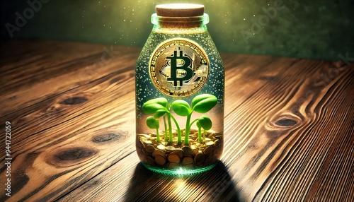 One Bitcoin with a small green plant in a glass jar on a wooden table, bitcoin investment illustration photo