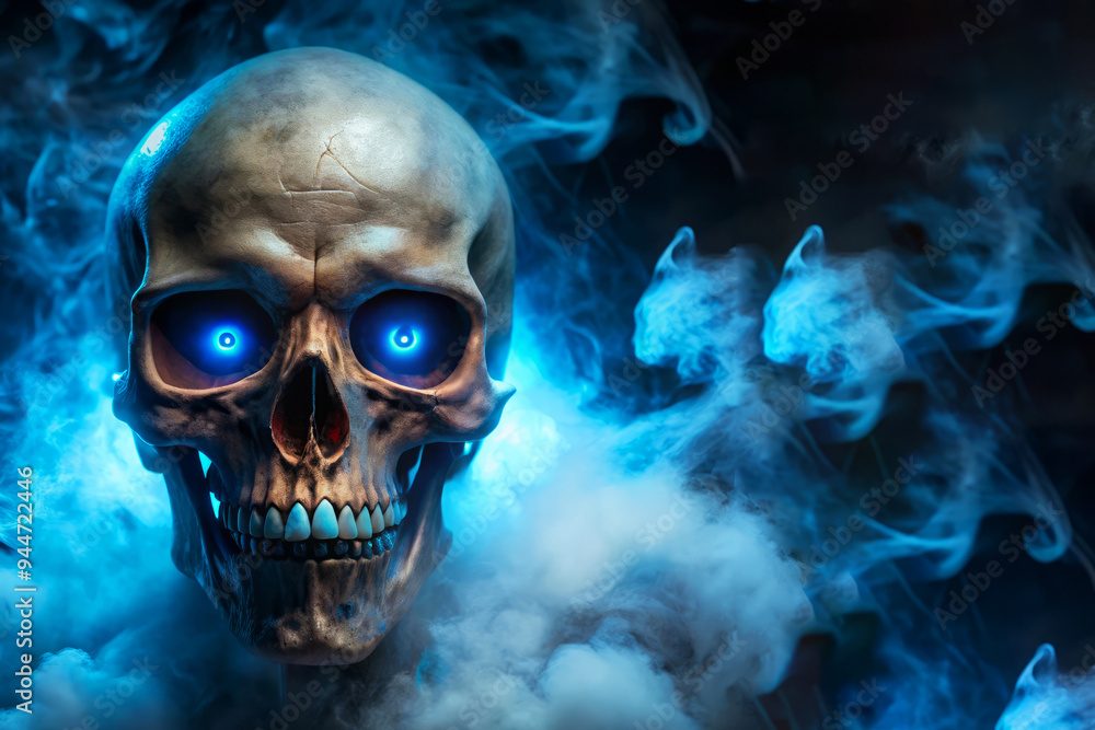 Fototapeta premium Glowing Skull In Blue Smoke - Halloween Concept 