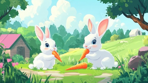 Cartoon illustration of playful rabbits enjoying carrots and sipping carrot juice on a vibrant farm designed for children s entertainment