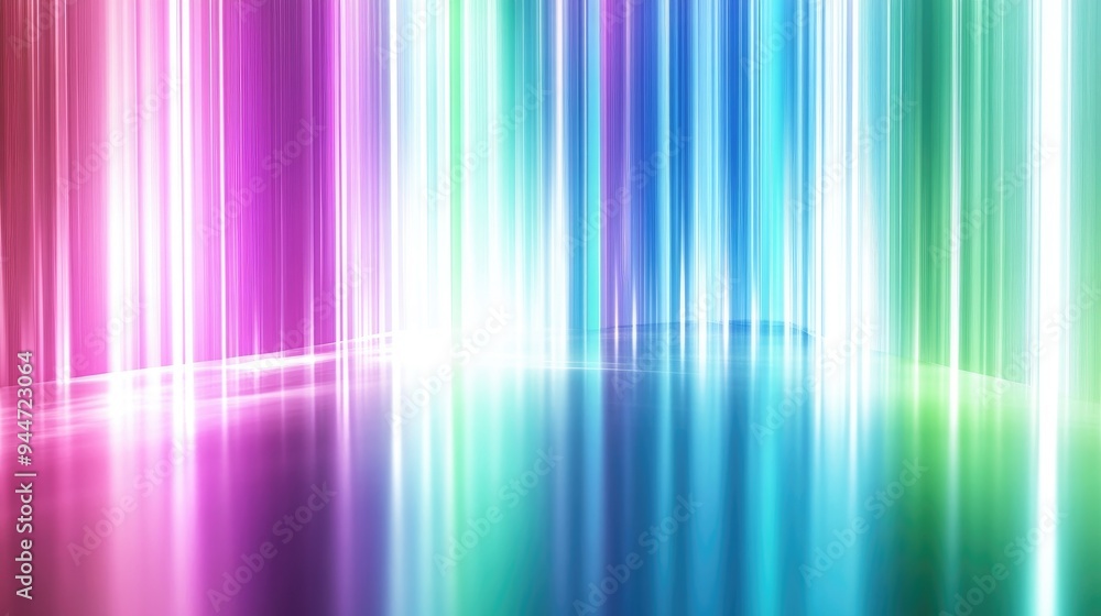 Abstract background featuring glowing perpendicular lines in vibrant hues of green blue white pink and violet on a shiny reflective surface Abstract background featuring glowing perpendicular lines in vibrant hues of green blue white pink and violet on a shiny reflective surface
