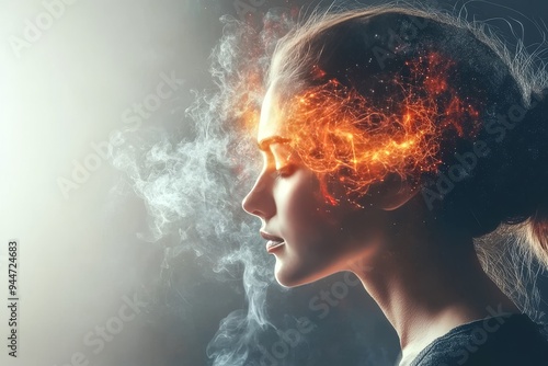 A dramatic and fiery side profile of a woman with her hair blending into a blaze representing the intensity of thought creativity and the passionate nature of the human mind