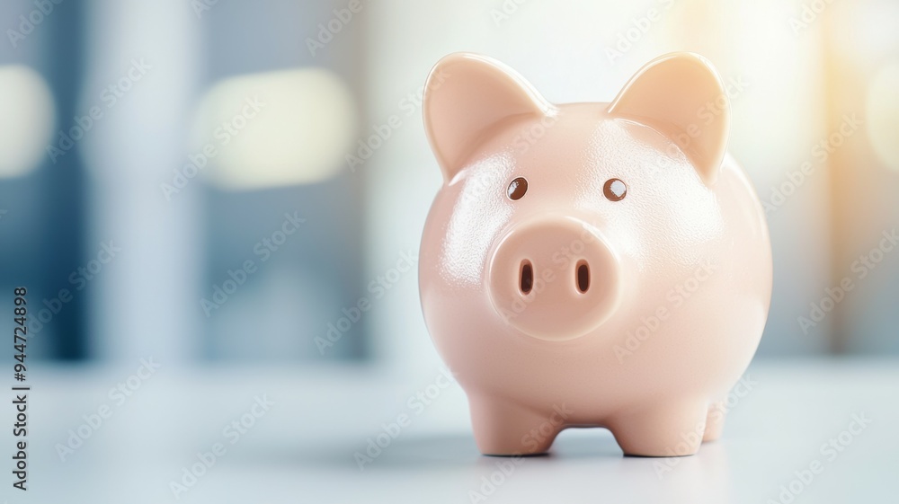 A pink piggy bank sits on a table A pink piggy bank sits on a table