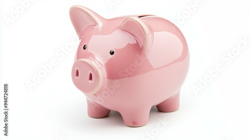 A pink piggy bank with a black nose sits on a white background