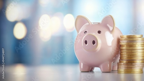 A piggy bank with a pile of coins on top of it