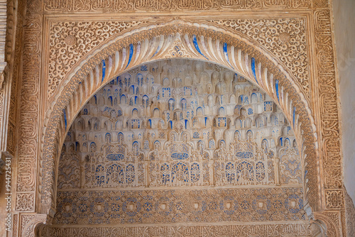 Detailed view of the architecture in Nasrid Palace, Alhambra, Granada.
