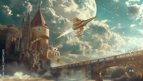 Satellite launches from medieval catapult, blending ancient and futuristic elements 🚀🏰 Whimsical fusion of history and space exploration sparks imagination and fantasy