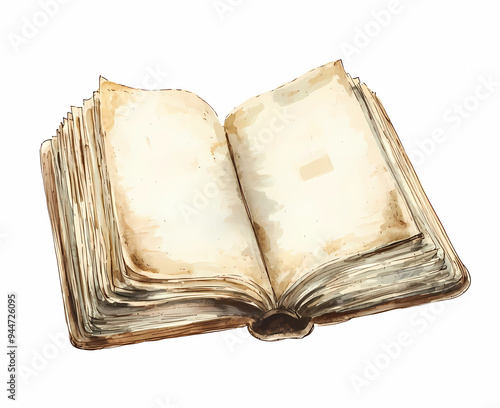 Watercolor open book with blank pages, vintage clipart isolated on a white background
