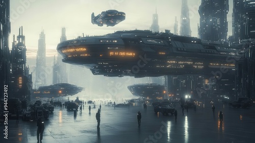 Futuristic Cityscape with Spaceships  People  and Vehicles