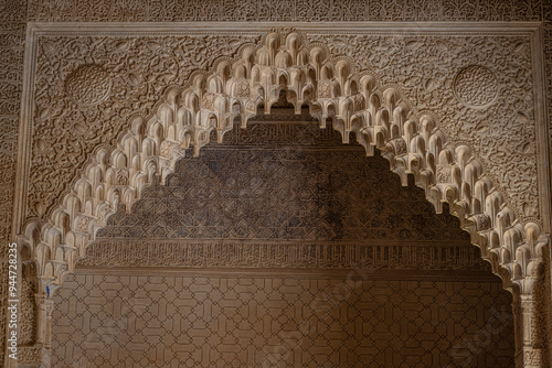 Detailed view of the architecture in Nasrid Palace, Alhambra, Granada.