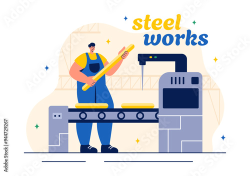 Steelworks Vector Illustration with Resource Mining, Smelting of Metal in Big Foundry and Hot Steel Pouring in a Flat Cartoon Background Design