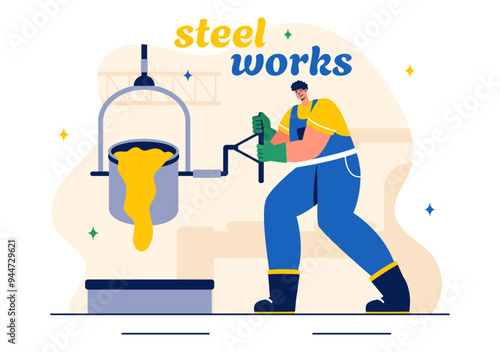 Steelworks Vector Illustration with Resource Mining, Smelting of Metal in Big Foundry and Hot Steel Pouring in a Flat Cartoon Background Design