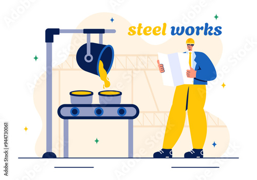 Steelworks Vector Illustration with Resource Mining, Smelting of Metal in Big Foundry and Hot Steel Pouring in a Flat Cartoon Background Design