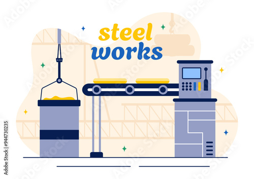 Steelworks Vector Illustration with Resource Mining, Smelting of Metal in Big Foundry and Hot Steel Pouring in a Flat Cartoon Background Design