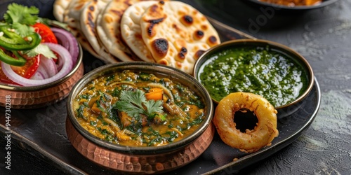 Wallpaper Mural Traditional Indian Dish Urad Chane Ki Daal Tomato Aloo Tandoori Roti and Onion Rings with Green Chutney Torontodigital.ca