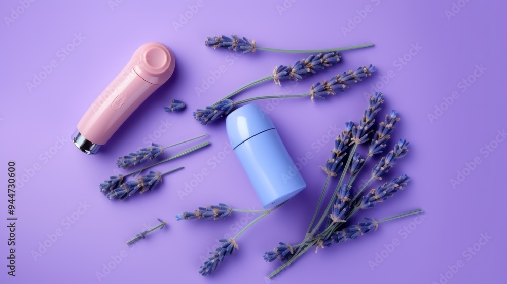 Lavender Deodorant & Skincare Products on Purple Background Lavender Deodorant & Skincare Products on Purple Background