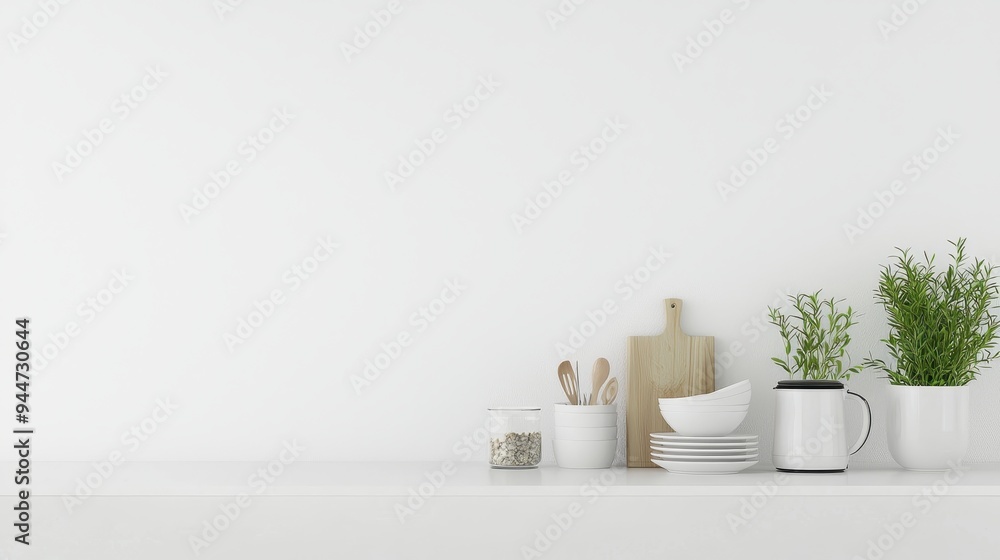 Obraz premium White Kitchen Countertop with Dishes Utensils and Plants